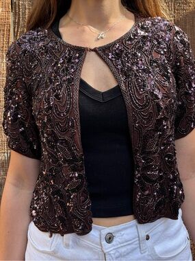 Vintage 90s Y2K DKNY 100% Silk Beaded Sequin Cardigan Top Brown Size Small NWT